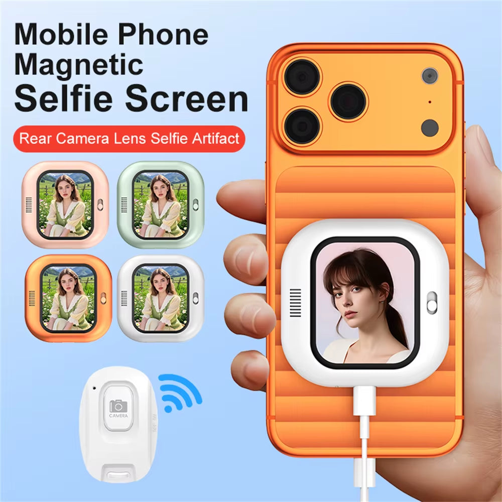 Mini Magnetic Phone Selfie Screen Bluetooth Phone Monitor Screen Rear Camera Selfie for Iphone 17-12 Android Vlog Video Shooting